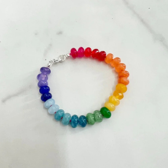 Rainbow Jade Gemstone Bracelet Silver Plated Clasp - Picture 4 of 7